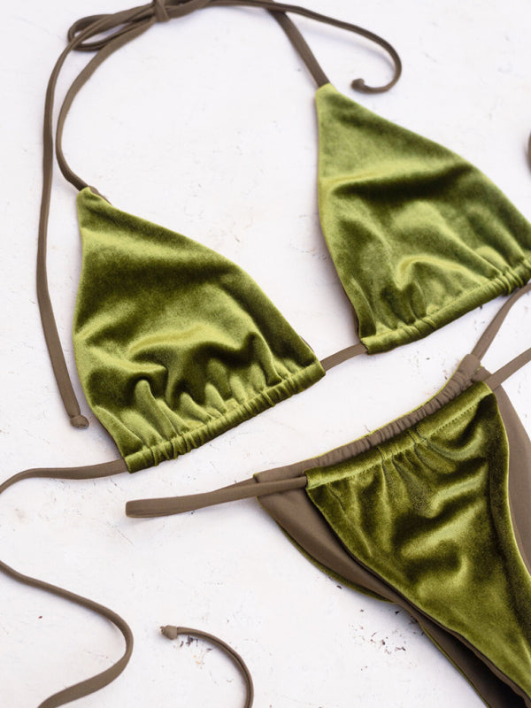 Gold Velvet Triangle Bikini Set – Sexy Solid Color Two-Piece Swimwear
