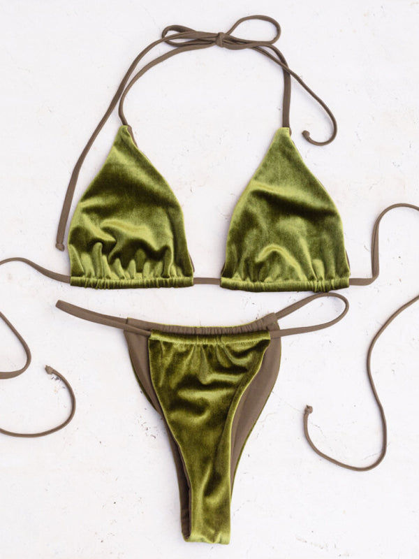 Gold Velvet Triangle Bikini Set – Sexy Solid Color Two-Piece Swimwear