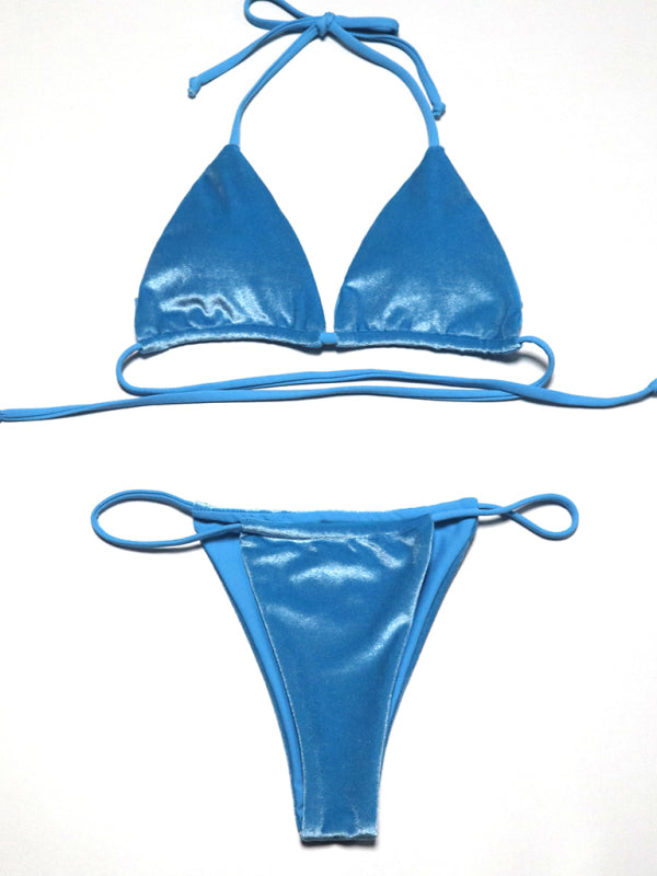 Gold Velvet Triangle Bikini Set – Sexy Solid Color Two-Piece Swimwear