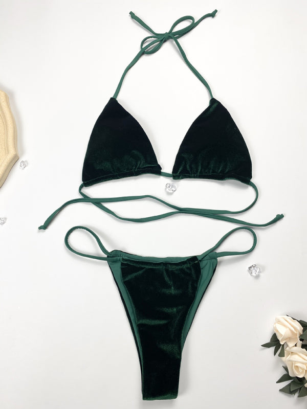 Gold Velvet Triangle Bikini Set – Sexy Solid Color Two-Piece Swimwear