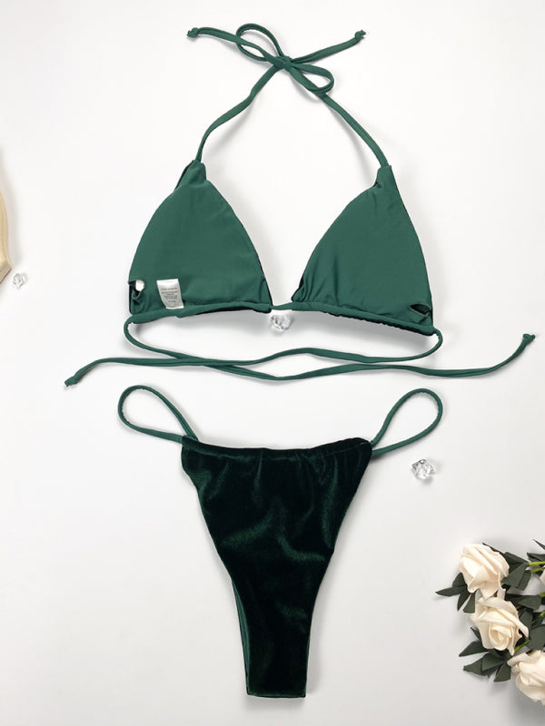 Gold Velvet Triangle Bikini Set – Sexy Solid Color Two-Piece Swimwear