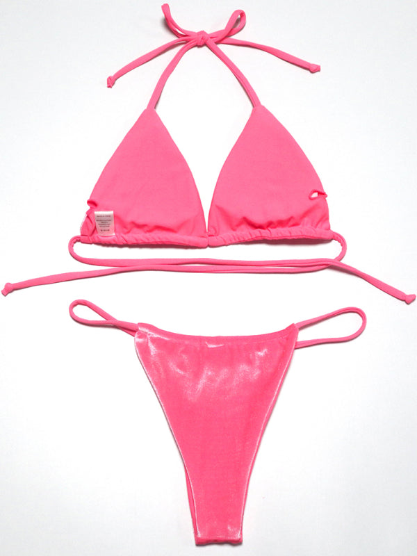 Gold Velvet Triangle Bikini Set – Sexy Solid Color Two-Piece Swimwear