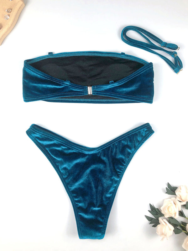 Gold Velvet High-Waisted Bikini Set – Sexy Two-Piece in Blue