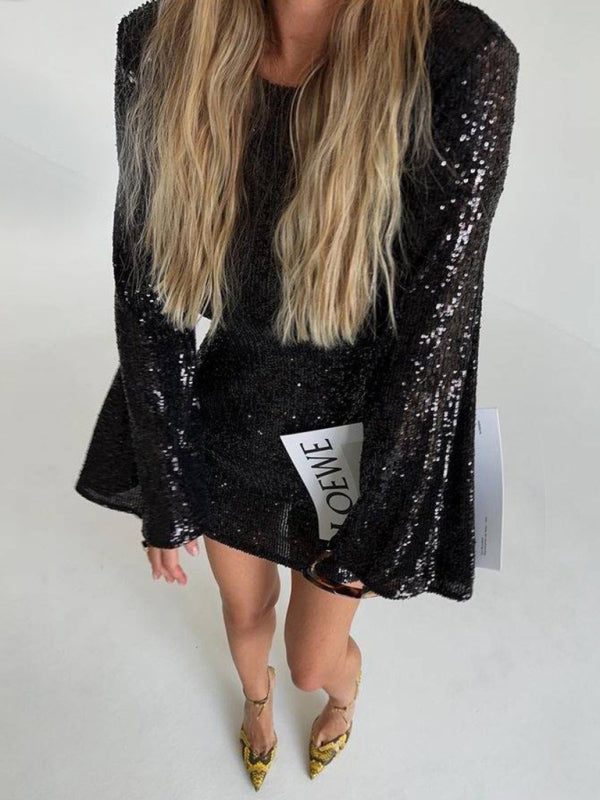 Sequin Bell Sleeve Shiny Mini Dress – Casual Fit, Lightweight & Stylish