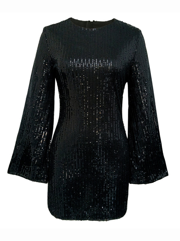 Sequin Bell Sleeve Shiny Mini Dress – Casual Fit, Lightweight & Stylish