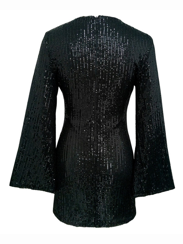 Sequin Bell Sleeve Shiny Mini Dress – Casual Fit, Lightweight & Stylish