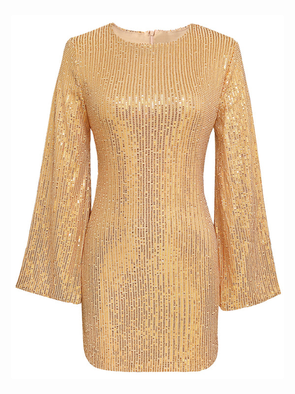 Sequin Bell Sleeve Shiny Mini Dress – Casual Fit, Lightweight & Stylish