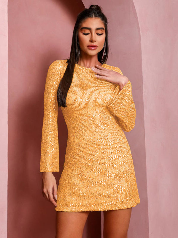 Sequin Bell Sleeve Shiny Mini Dress – Casual Fit, Lightweight & Stylish