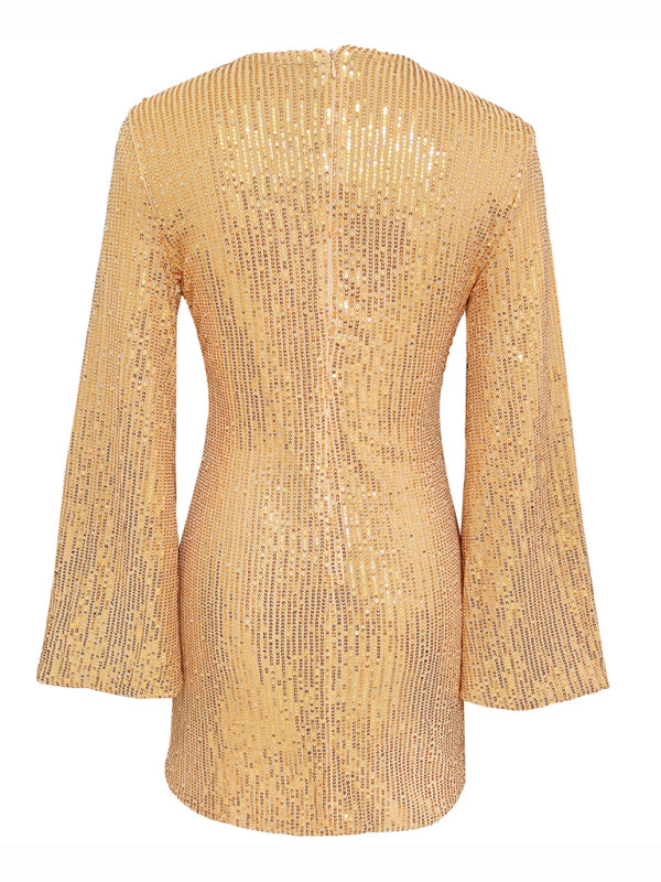Sequin Bell Sleeve Shiny Mini Dress – Casual Fit, Lightweight & Stylish