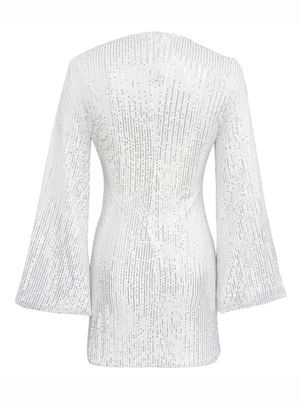 Sequin Bell Sleeve Shiny Mini Dress – Casual Fit, Lightweight & Stylish