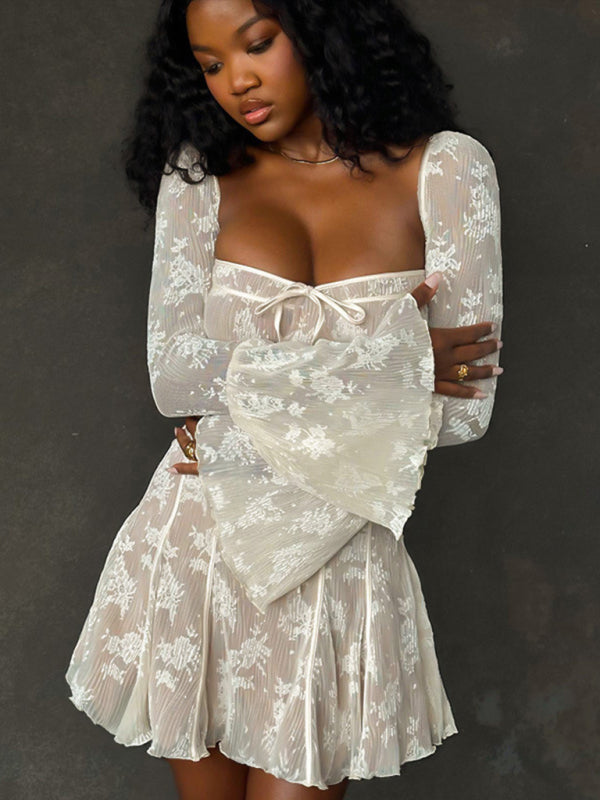 Lace Print Strappy Bodycon Dress – Long Sleeve