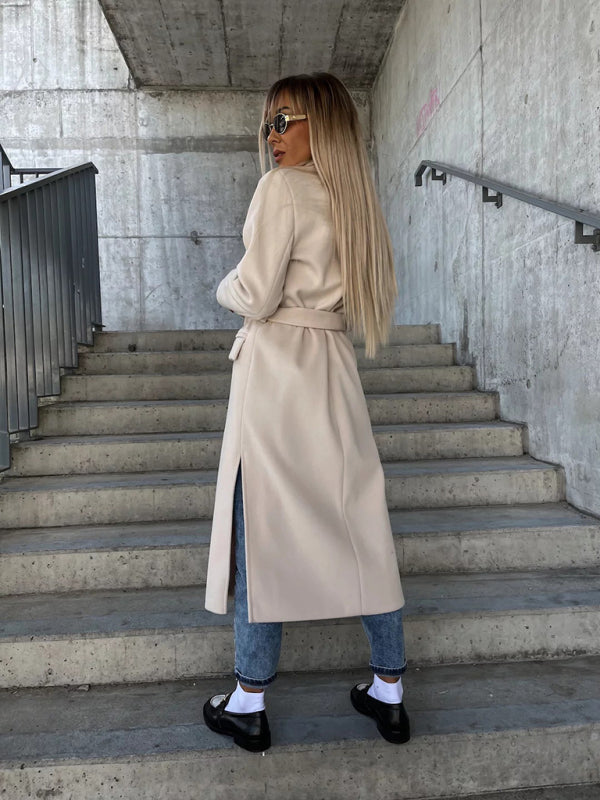 معطف طويل مزيج صوف بأزرار وياقة – خريف شتاء