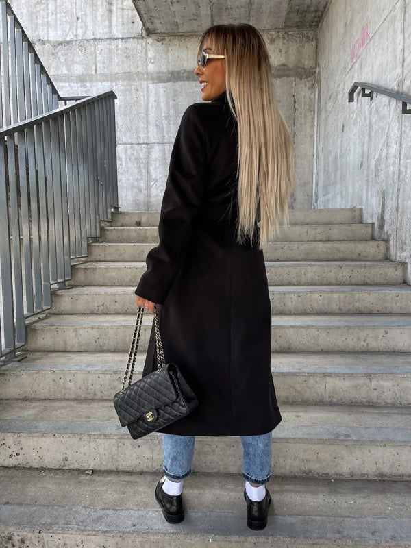 معطف طويل مزيج صوف بأزرار وياقة – خريف شتاء