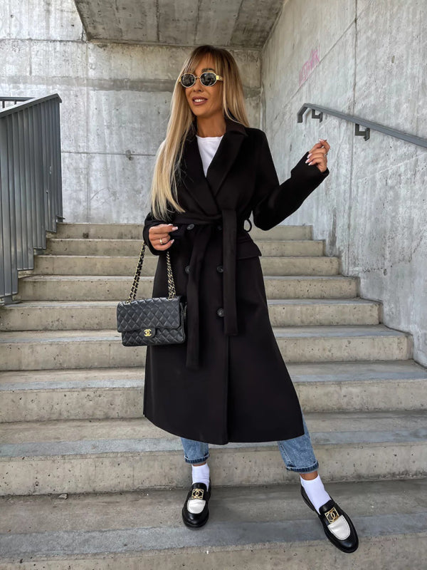 معطف طويل مزيج صوف بأزرار وياقة – خريف شتاء