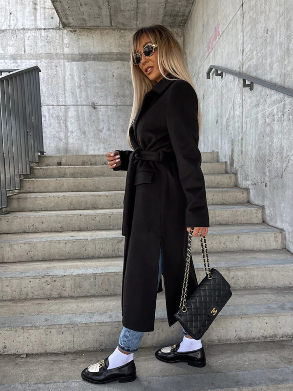 معطف طويل مزيج صوف بأزرار وياقة – خريف شتاء