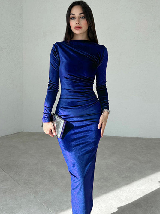 Solid Color Slim Fit Pleated Long Sleeve Dress – Round Neck Autumn Style