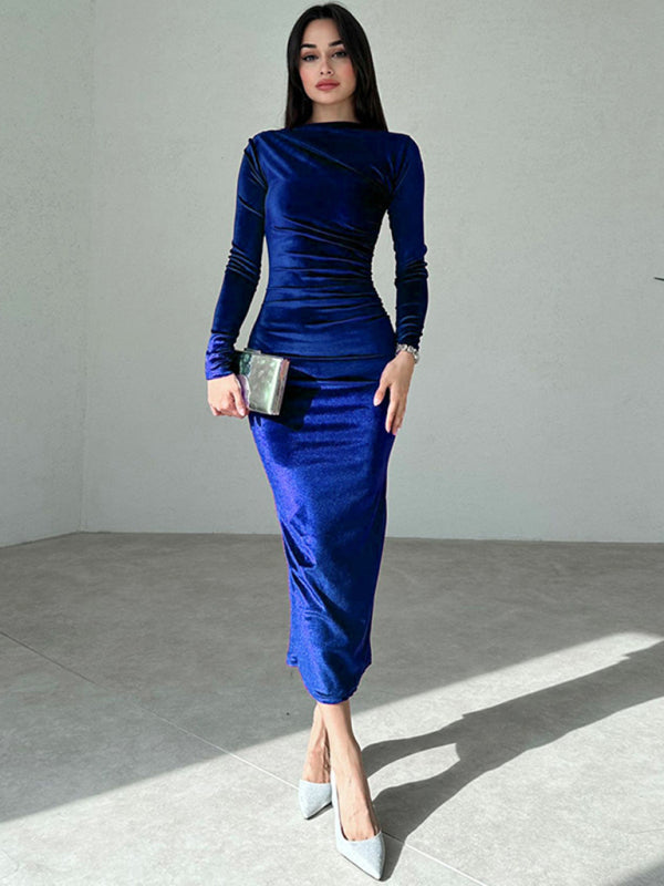 Solid Color Slim Fit Pleated Long Sleeve Dress – Round Neck Autumn Style
