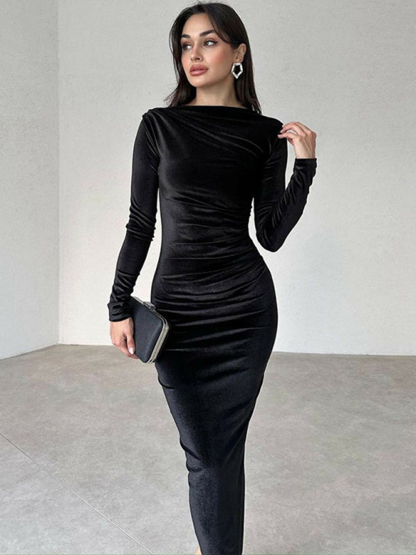 Solid Color Slim Fit Pleated Long Sleeve Dress – Round Neck Autumn Style