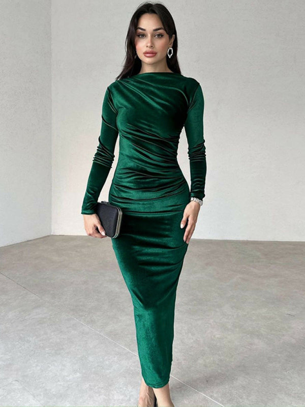 Solid Color Slim Fit Pleated Long Sleeve Dress – Round Neck Autumn Style