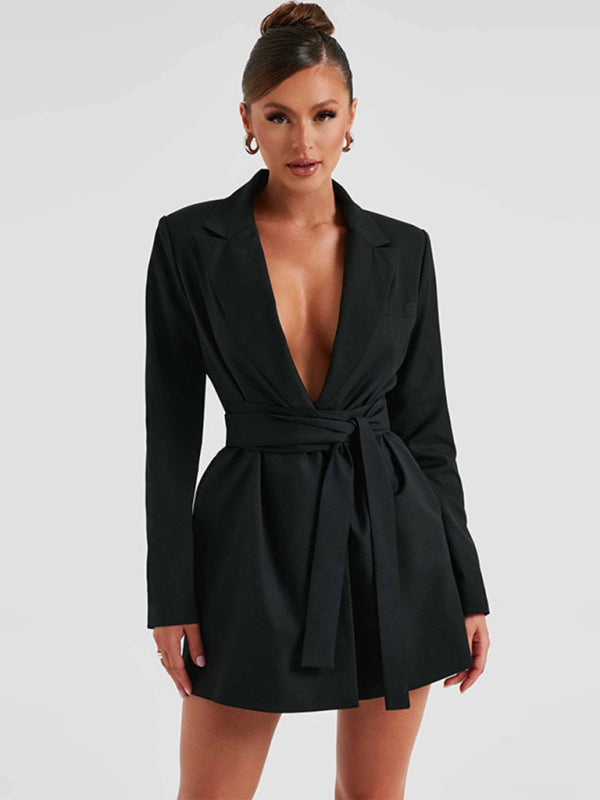 Lapel Belted Midi Suit Dress - Elegant Spring Tailoring In Black & Khaki