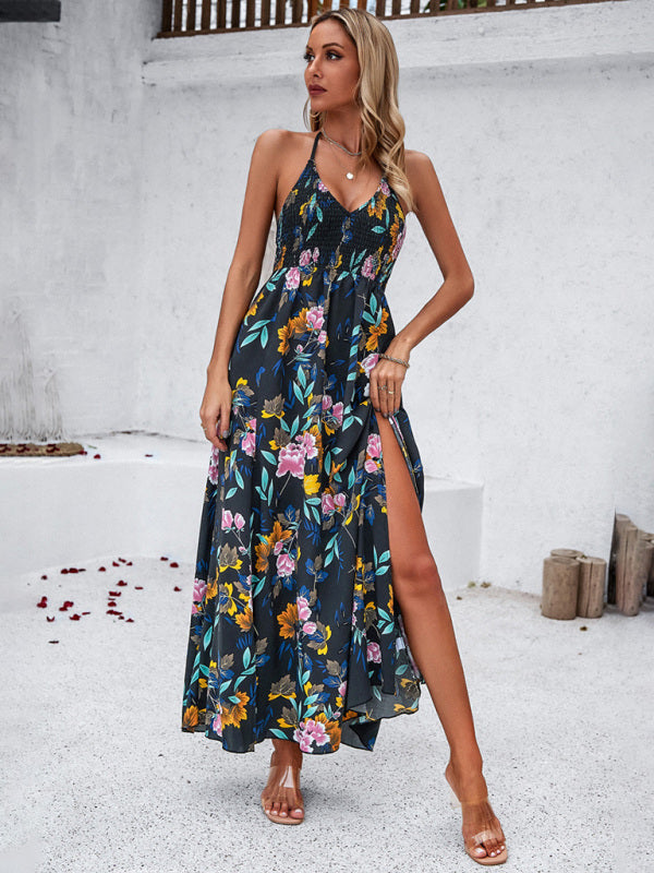 Boho Backless Printed Maxi Dress – Adjustable Spaghetti Straps