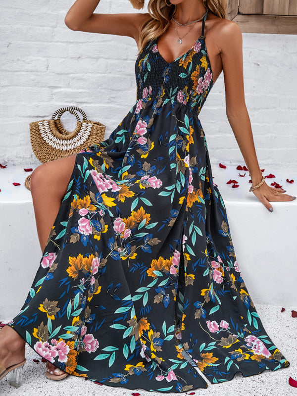 Boho Backless Printed Maxi Dress – Adjustable Spaghetti Straps