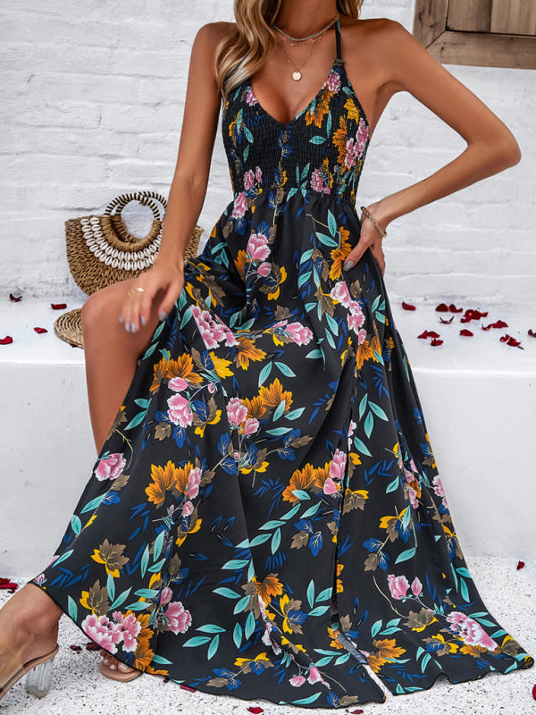 Boho Backless Printed Maxi Dress – Adjustable Spaghetti Straps