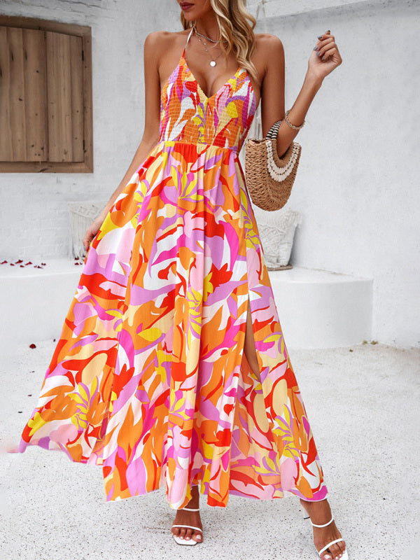 Boho Backless Printed Maxi Dress – Adjustable Spaghetti Straps