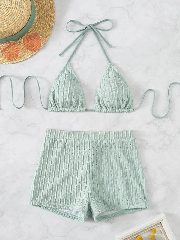 Feminine Lace-Up Textured Bikini Set – Boho Two-Piece With Knit Detailing