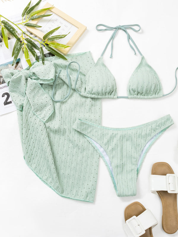 Textured Lace-Up Three-Piece Bikini Set – Boho Style with Long-Sleeve Cover-Up