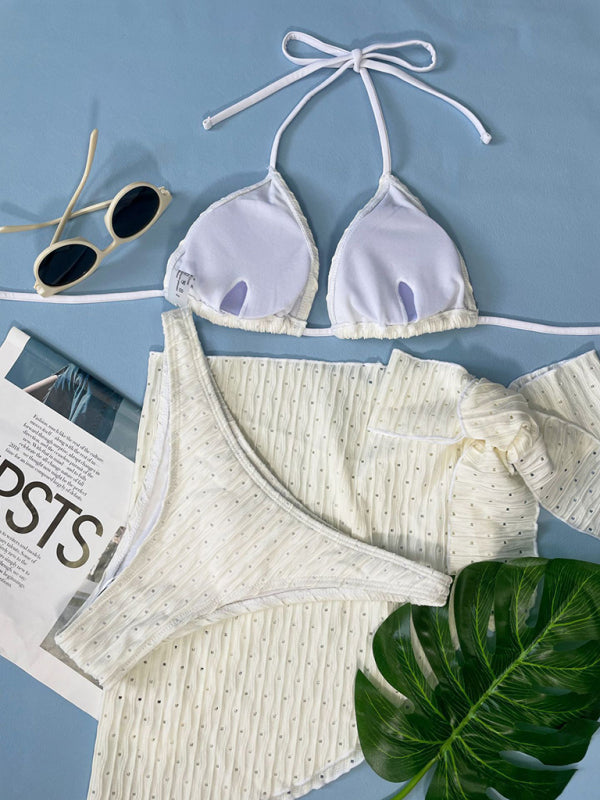 Textured Lace-Up Three-Piece Bikini Set – Boho Style with Long-Sleeve Cover-Up