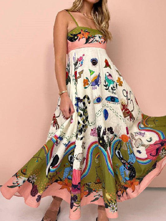 Graffiti Print Linen-Blend Swing Dress – Sleeveless, Lightweight & Chic