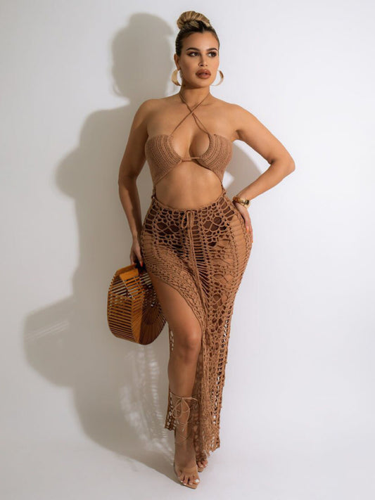 Women's Long Fringed Knit Beach Skirt – Side Slit & Stretch Suspender Design