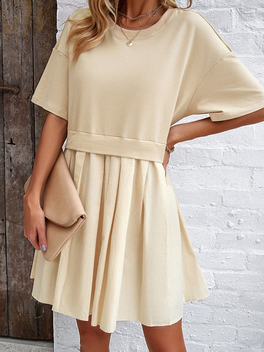Elegant Short-Sleeved Patchwork Dress – Spring Leisure Style