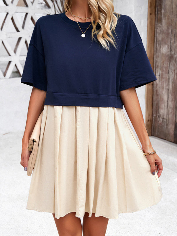 Elegant Short-Sleeved Patchwork Dress – Spring Leisure Style