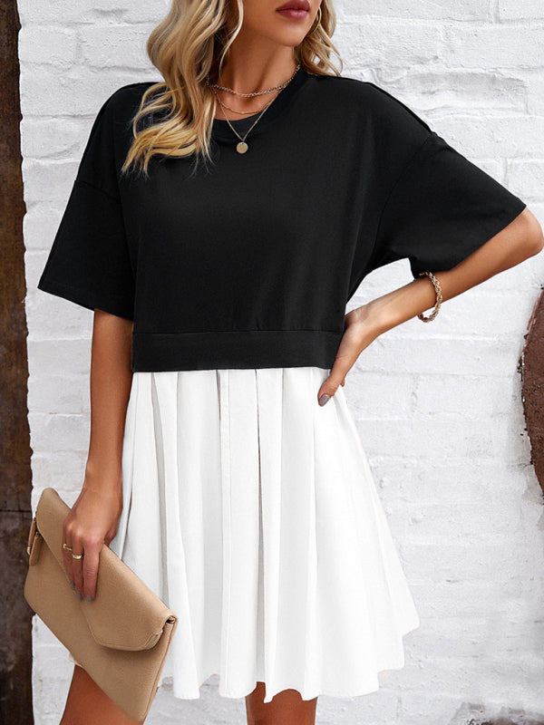 Elegant Short-Sleeved Patchwork Dress – Spring Leisure Style