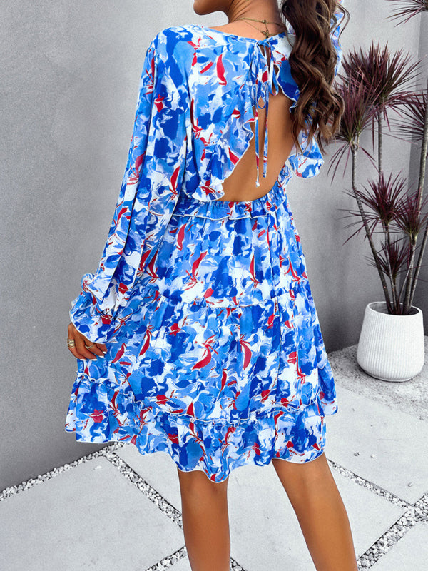 Printed V-Neck Long-Sleeve Mini Dress – Cute Woven Spring Style