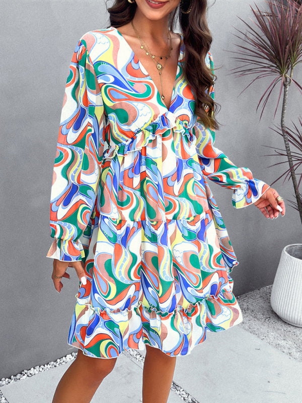 Printed V-Neck Long-Sleeve Mini Dress – Cute Woven Spring Style