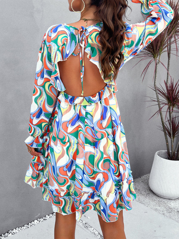 Printed V-Neck Long-Sleeve Mini Dress – Cute Woven Spring Style