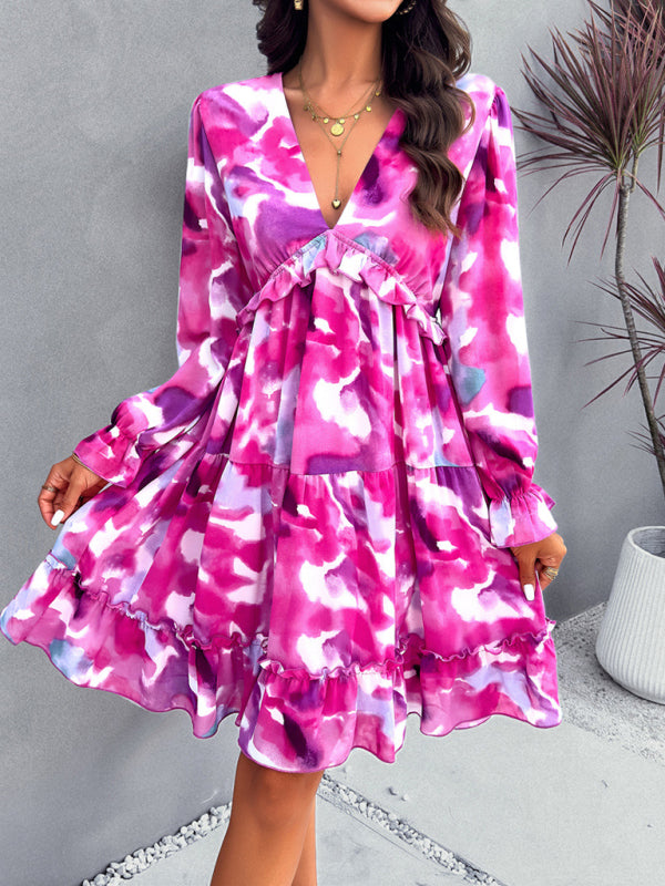 Printed V-Neck Long-Sleeve Mini Dress – Cute Woven Spring Style