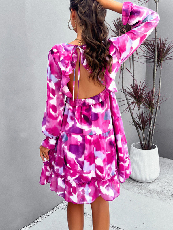 Printed V-Neck Long-Sleeve Mini Dress – Cute Woven Spring Style