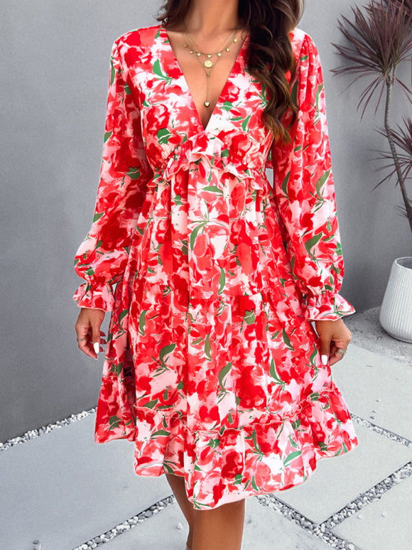 Printed V-Neck Long-Sleeve Mini Dress – Cute Woven Spring Style