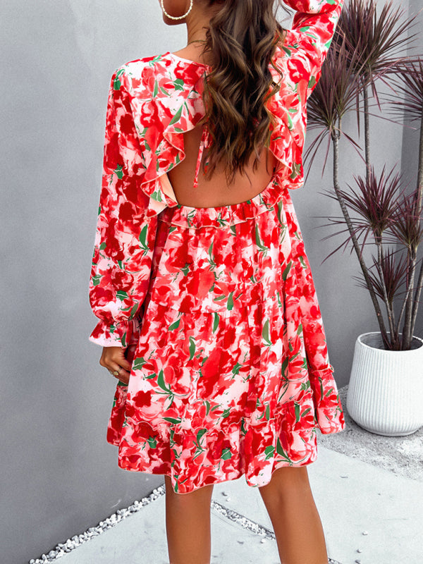 Printed V-Neck Long-Sleeve Mini Dress – Cute Woven Spring Style