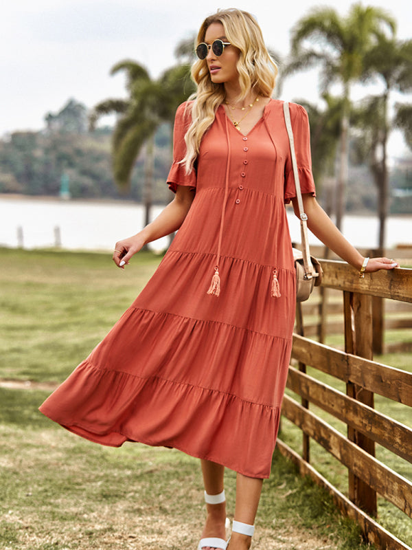 Casual V-Neck Long Dress – Lightweight Viscose, Loose Fit, Spring-Summer Style