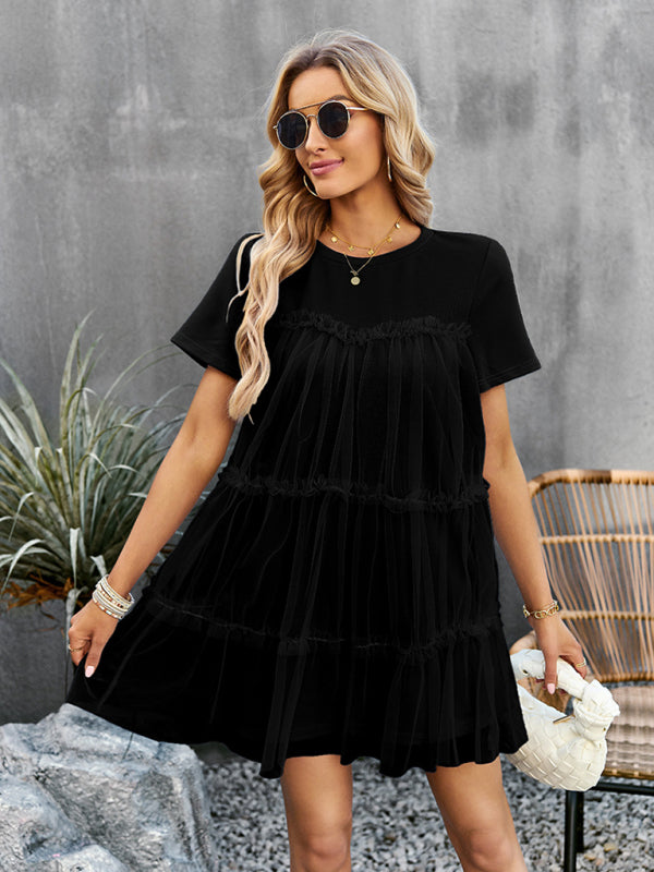 Einfarbiges Mesh-Splice-Kleid für Damen – Rundhalsausschnitt, romantischer Frühlingsstil