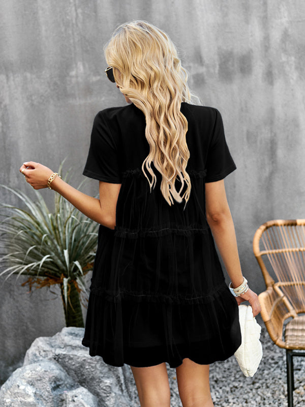 Einfarbiges Mesh-Splice-Kleid für Damen – Rundhalsausschnitt, romantischer Frühlingsstil