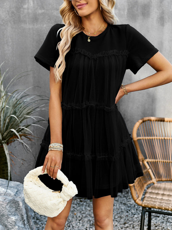 Einfarbiges Mesh-Splice-Kleid für Damen – Rundhalsausschnitt, romantischer Frühlingsstil