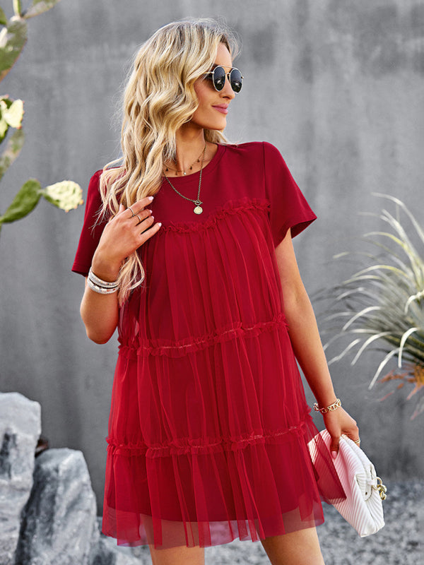 Einfarbiges Mesh-Splice-Kleid für Damen – Rundhalsausschnitt, romantischer Frühlingsstil