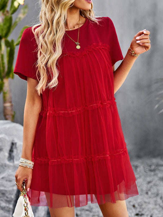 Einfarbiges Mesh-Splice-Kleid für Damen – Rundhalsausschnitt, romantischer Frühlingsstil