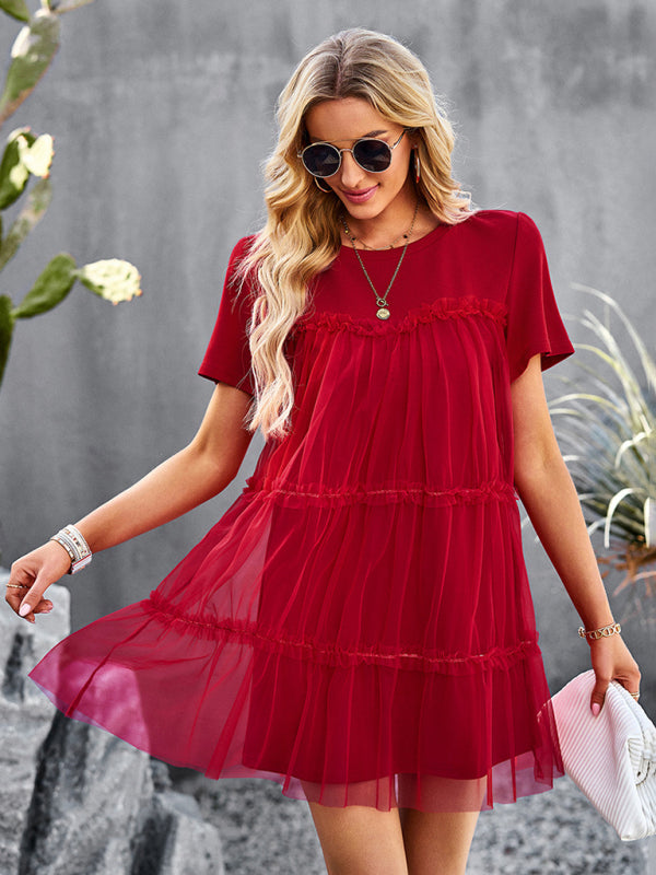 Einfarbiges Mesh-Splice-Kleid für Damen – Rundhalsausschnitt, romantischer Frühlingsstil